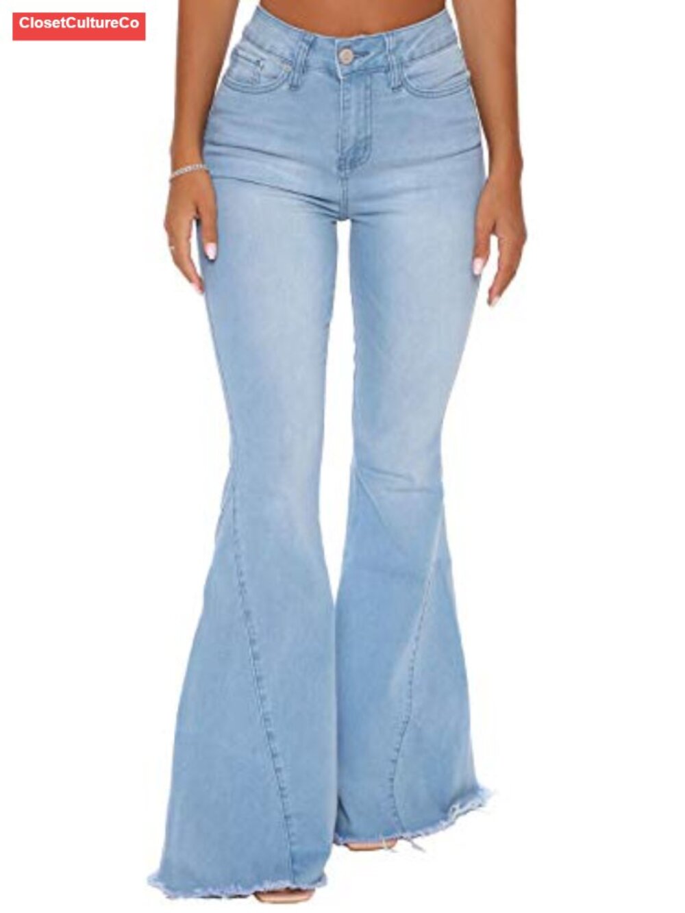 Ripped Bell Bottom Flare Jeans Mid Rise Destroyed Hem Denim Pants